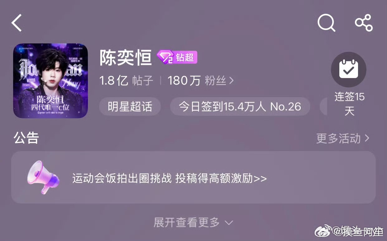 恭喜陈奕恒成为TF四代首位个人超话破180w粉丝的练习生！超话帖子数量也超过1.