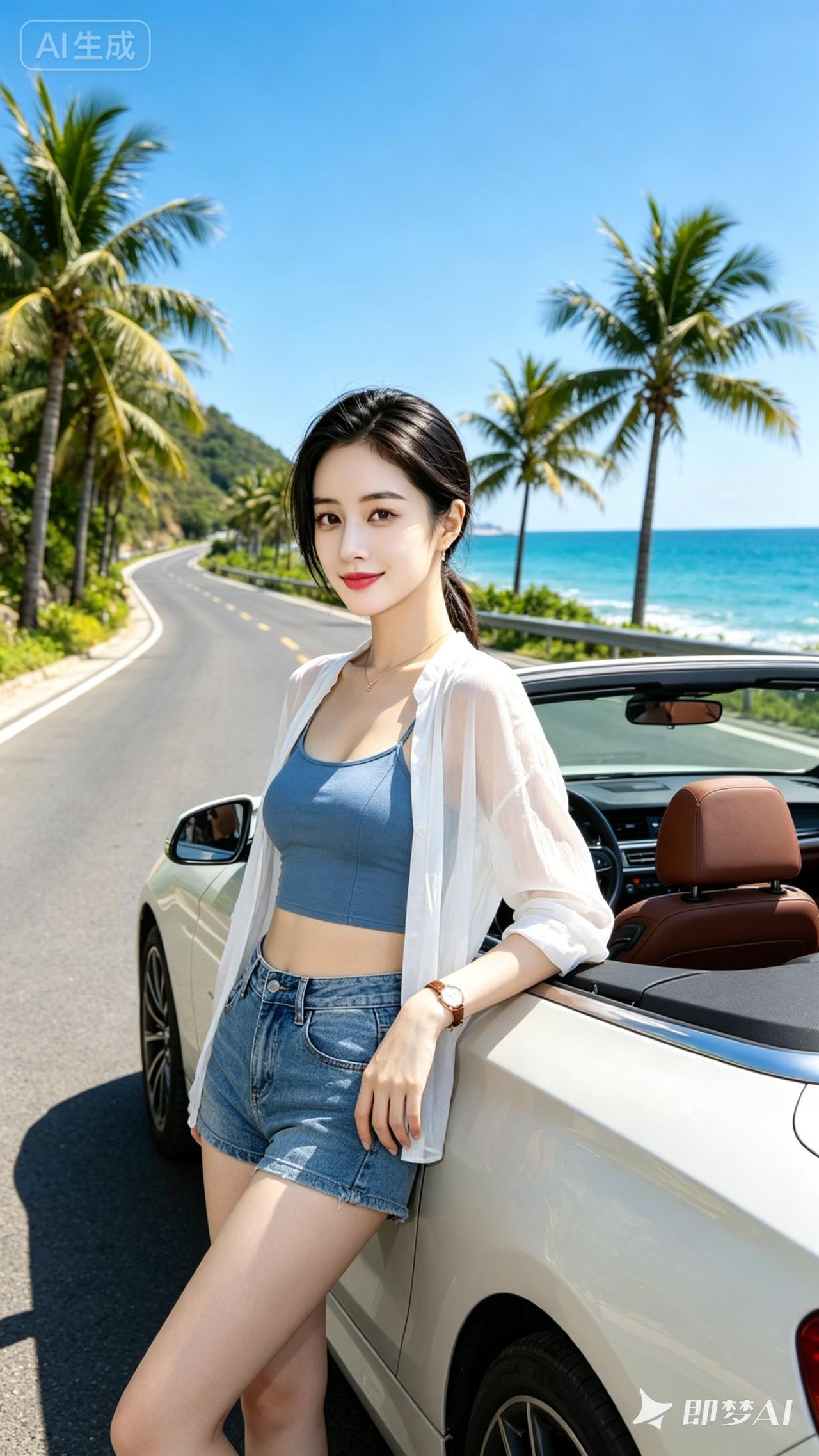 阳光明媚的海边，时尚穿搭的少女，与爱车相伴，享受美好时光。
