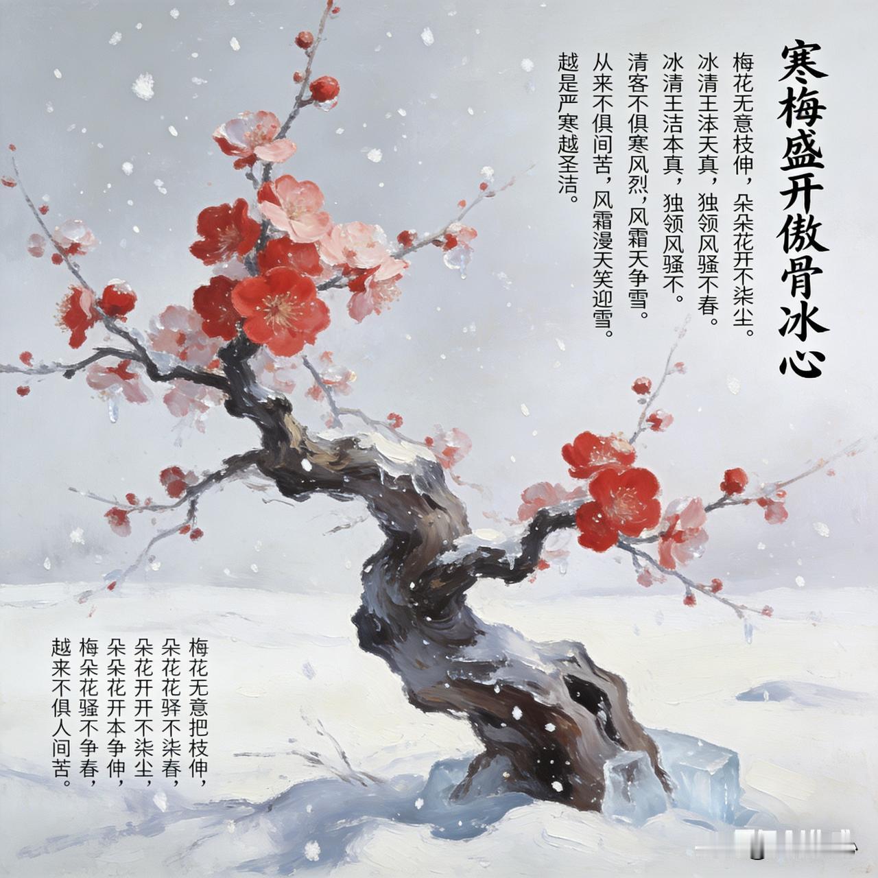 《寒梅盛开傲骨冰心》乐韵诗心原创诗词:
梅花无意把枝伸，
朵朵花开不染尘。
冰清