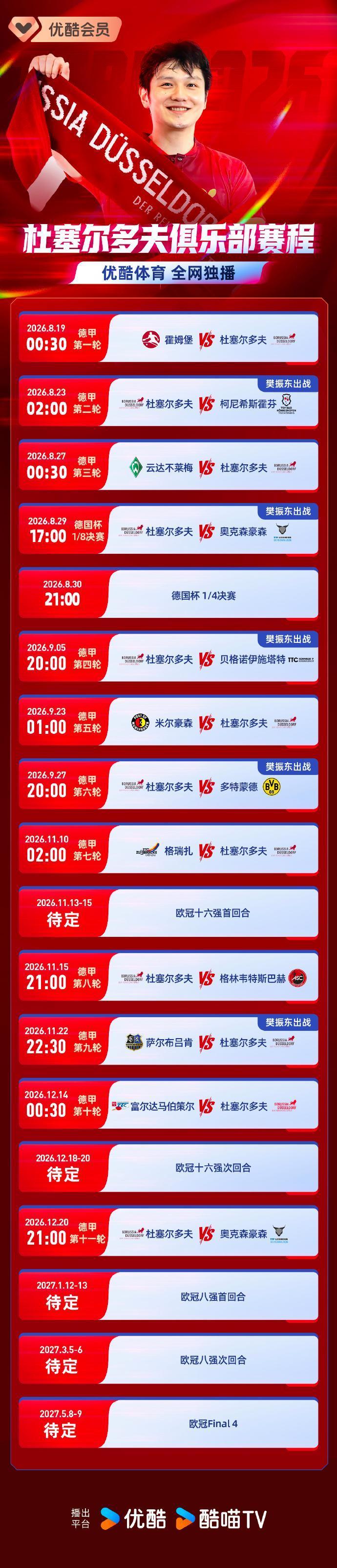 杜塞尔多夫俱乐部赛程公布杜塞尔多夫俱乐部赛程公布，樊振东将出战多场比赛。 