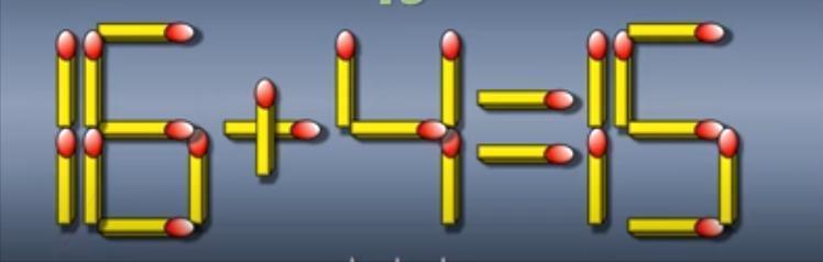 这是一道充满趣味的火柴棒谜题，当前“16 + 4 = 15”这个等式并不成立。现