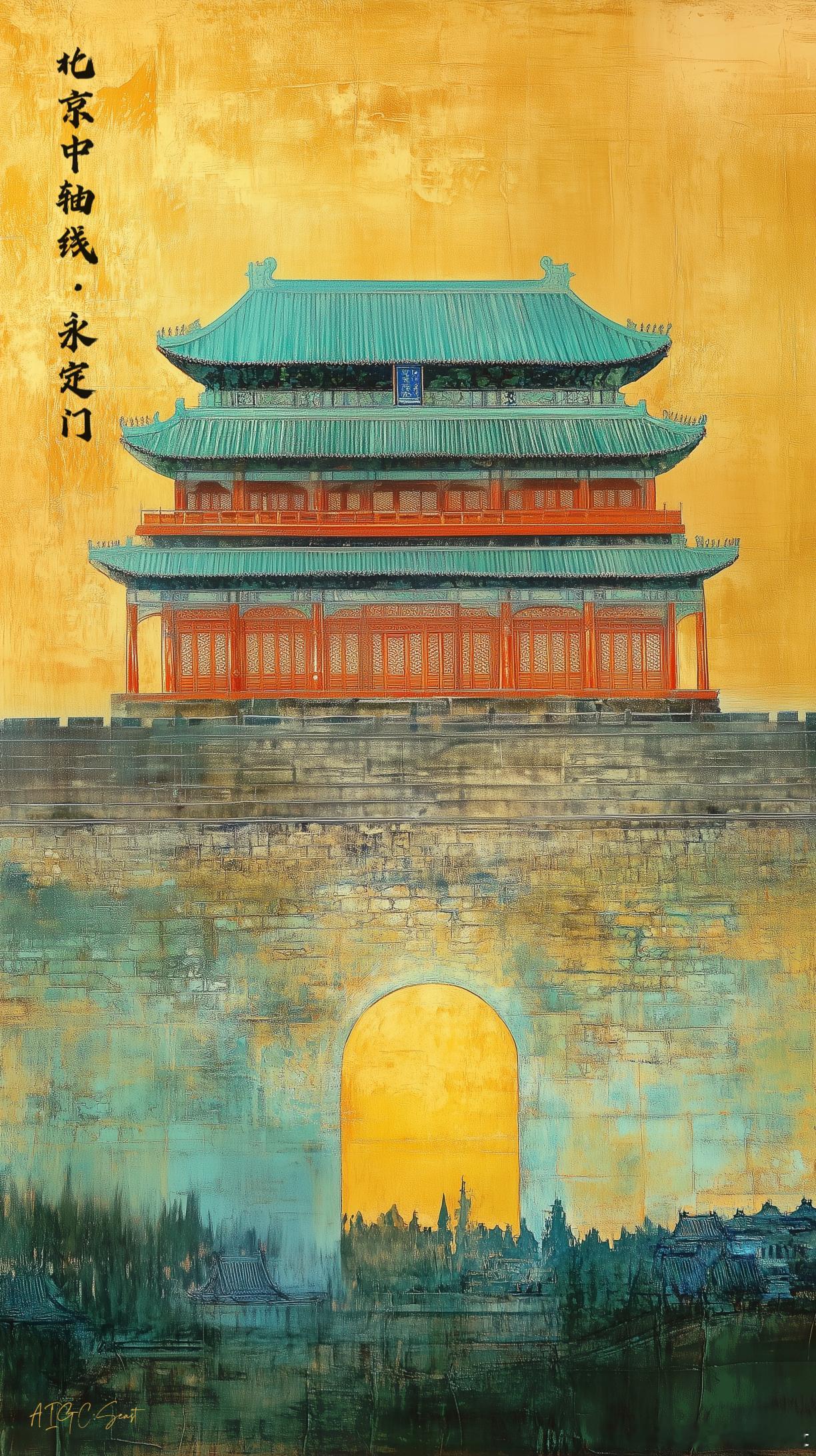 AI创造营路《北京中轴线·九景图》帝王舆辇，百姓车马，晨钟暮鼓，天地之中。七百年
