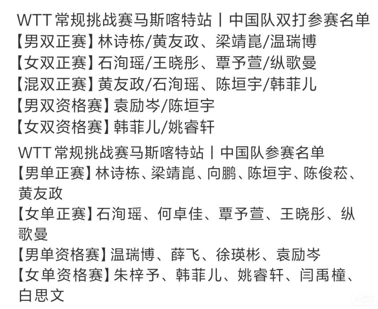 WTT常规挑战赛马斯喀特站 国乒全部参赛选手出炉 林诗栋身兼两项领队出战
202