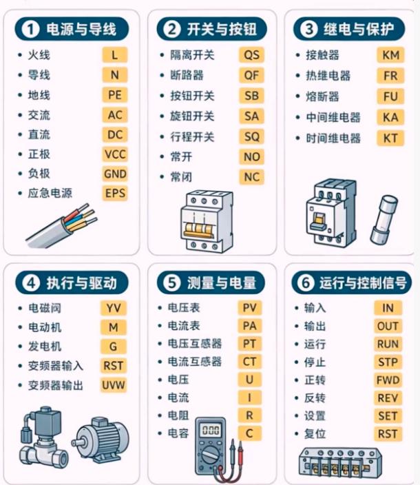 常见电工电气字母代号速查记录，必备代码知识
Q类多是开关保护，K类多是继电控制，