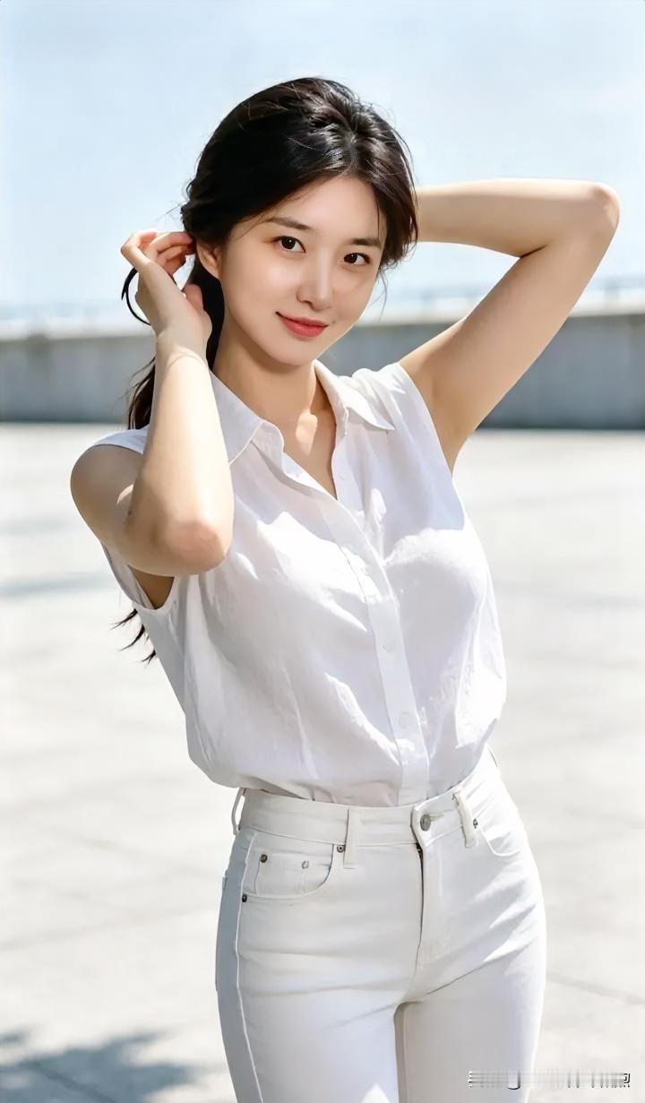 素白衣衫融晴光，她抬臂理鬓，笑意浅漾。风拂发梢，姿态轻盈如诗，将夏日明朗与青春朝