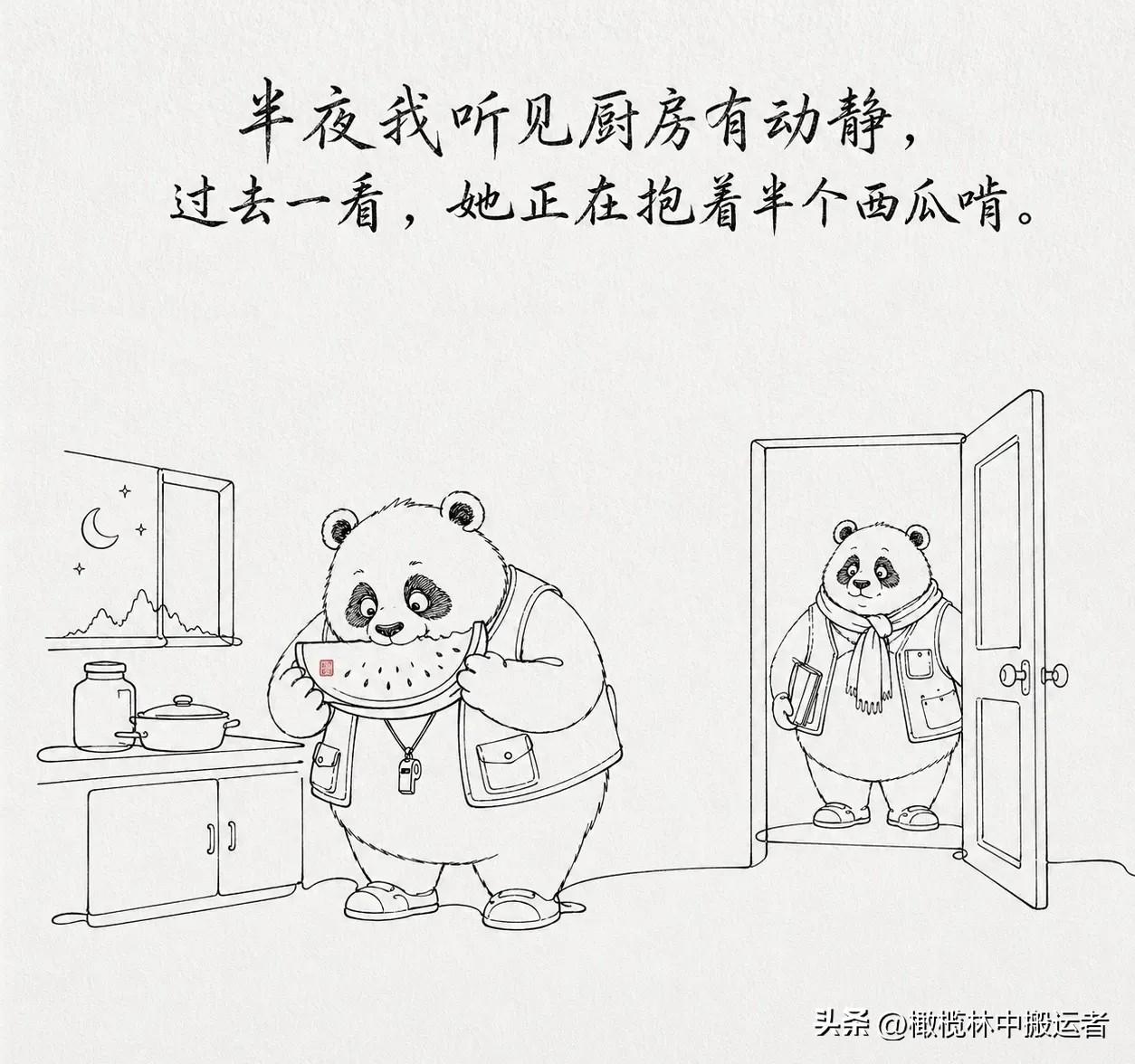 趣味漫画分享：老婆晚上不吃饭，半夜我听见厨房有动静，过去一看她正抱着半个西瓜啃。
