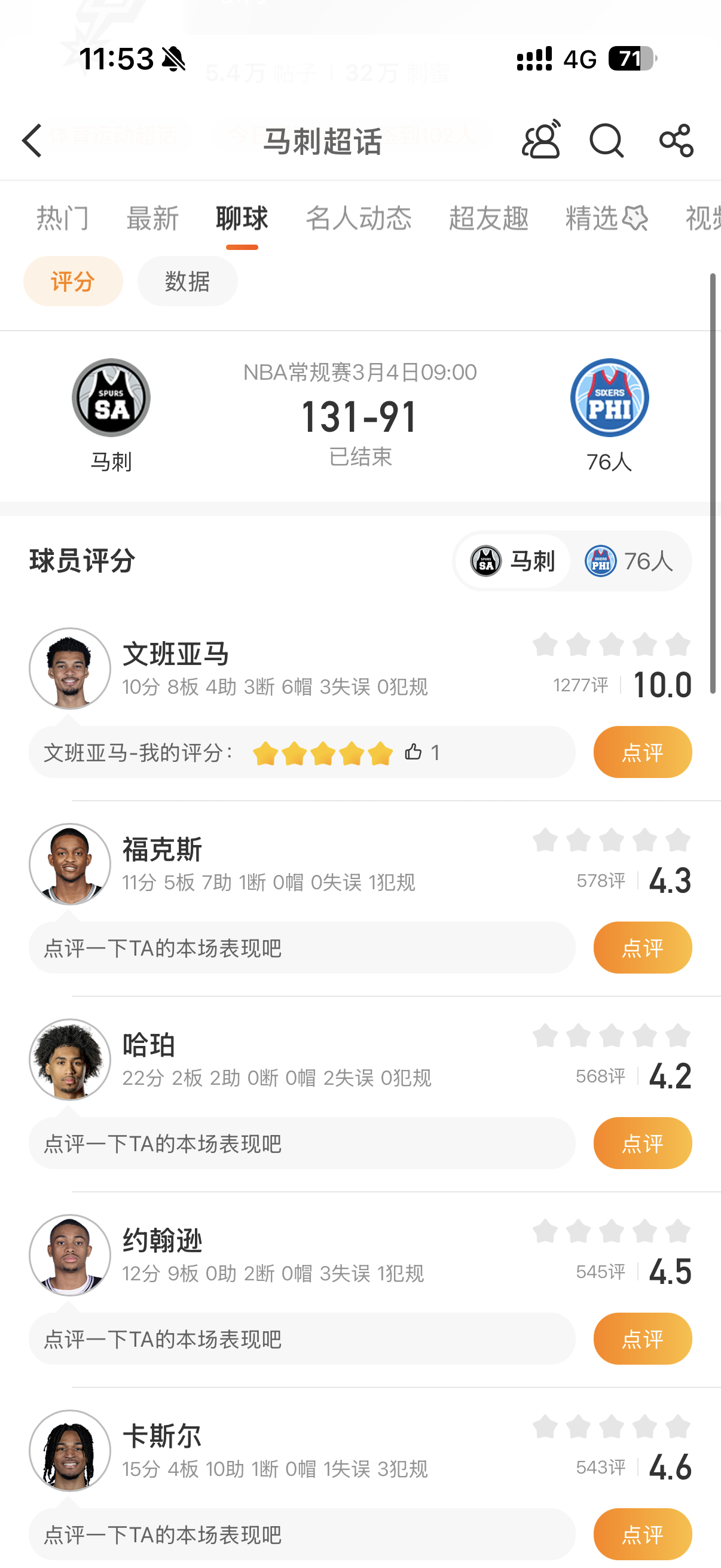 马刺大胜76人40分 NBA常规赛，马刺客场131-91大胜76人，半场结束领先
