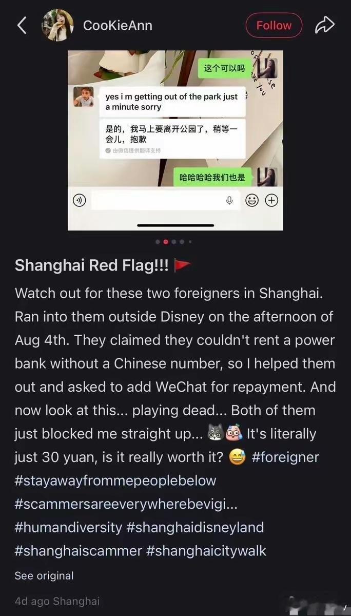 一位小红书上的中国女孩分享说，她帮一对据称是欧洲的情侣租了充电宝。他们声称没有中