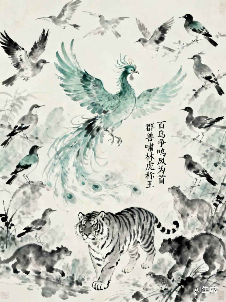 下联：群兽啸林虎称王。