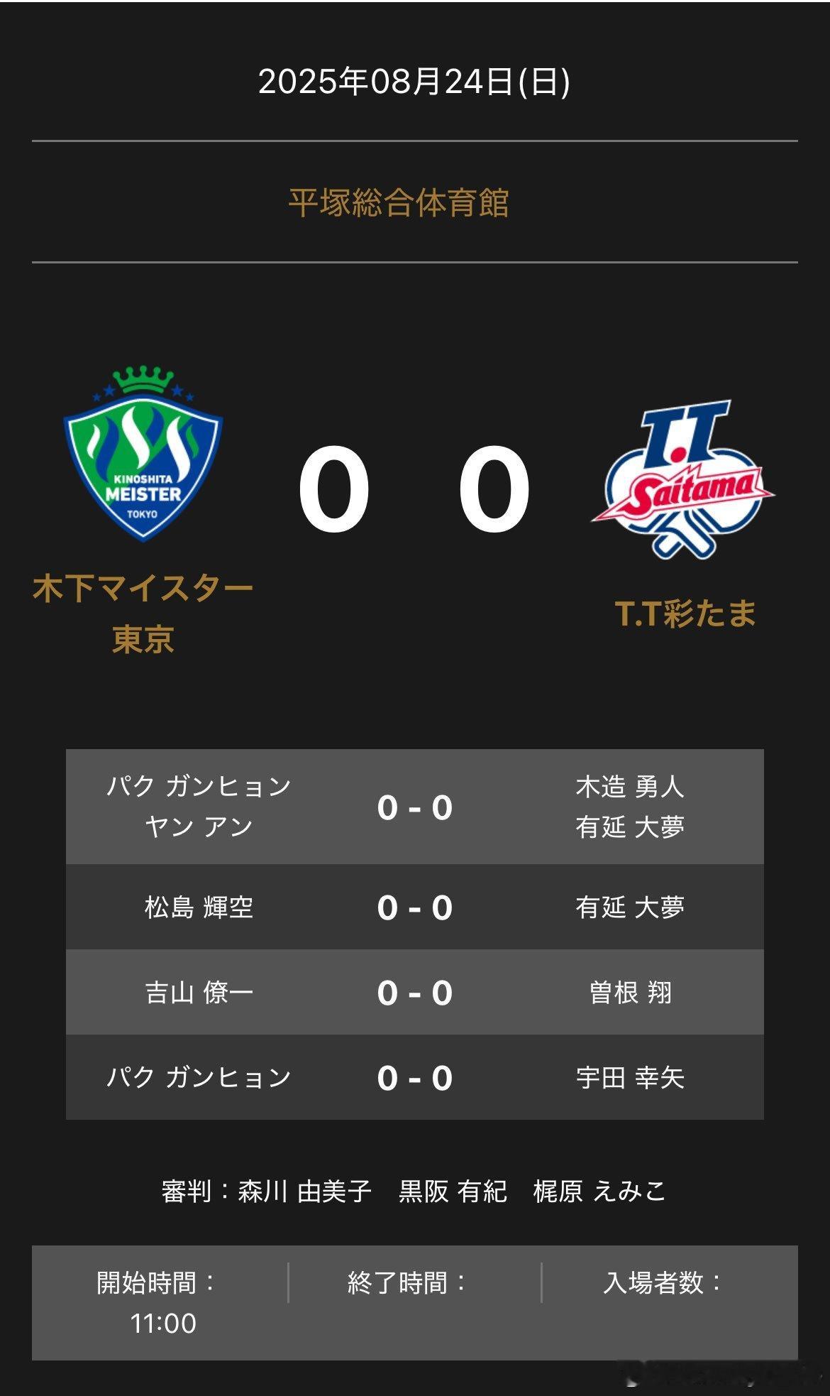 T联赛 8.24 10:00 木下东京🆚T.T彩 对阵表朴康贤/闫安🆚木造勇