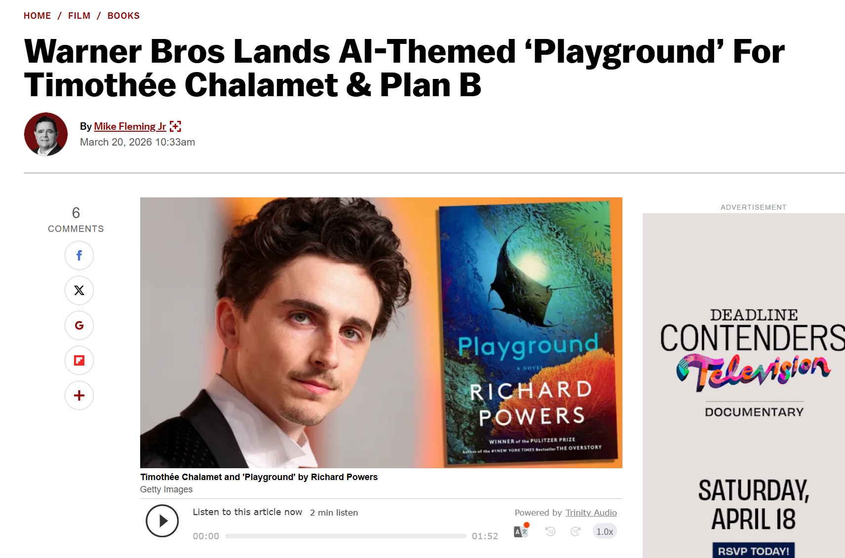 TNABO 提莫西·查拉梅继续造饼，将联手华纳兄弟、Plan B开发AI题材小说