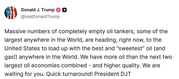 特朗普：欢迎世界来美国装油

此刻，大批完全空载的油轮——包括全球最大的VLCC