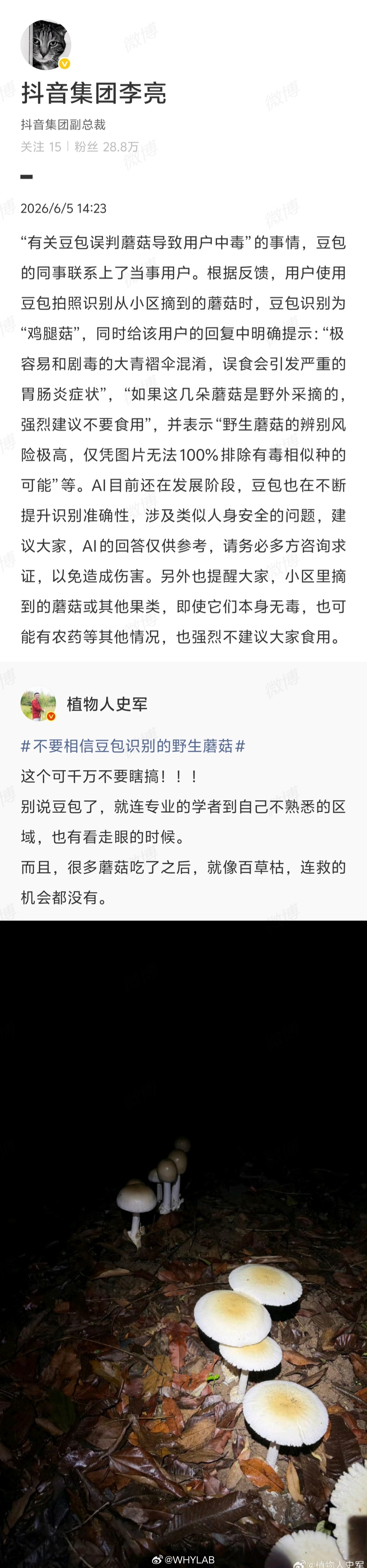 抖音副总裁回应豆包误判蘑菇蘑菇这类长得太像了，就算专业人士来了都得仔细分辨，更何