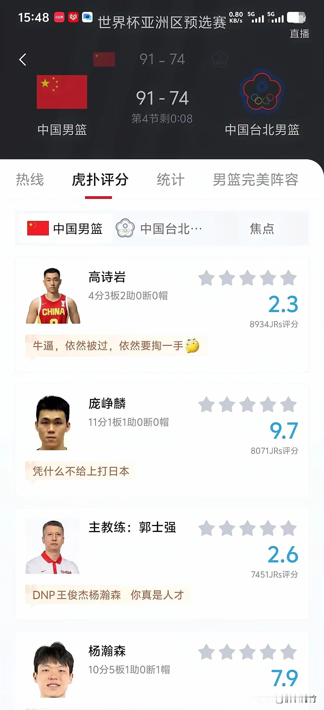 打台北男篮庞峥麟为啥评分这么高！

上场13分钟拿下11分确实足够高效，但是如果