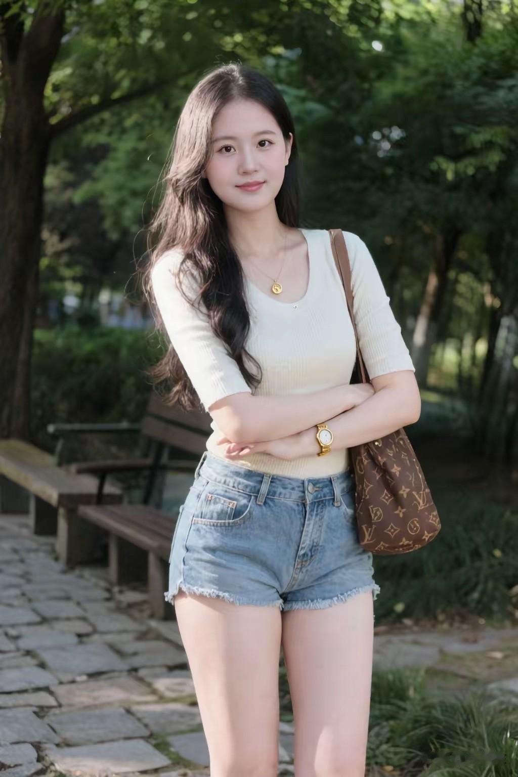 夏日清新穿搭，牛仔短裤搭配米色毛衣，轻松自在，享受阳光时光。