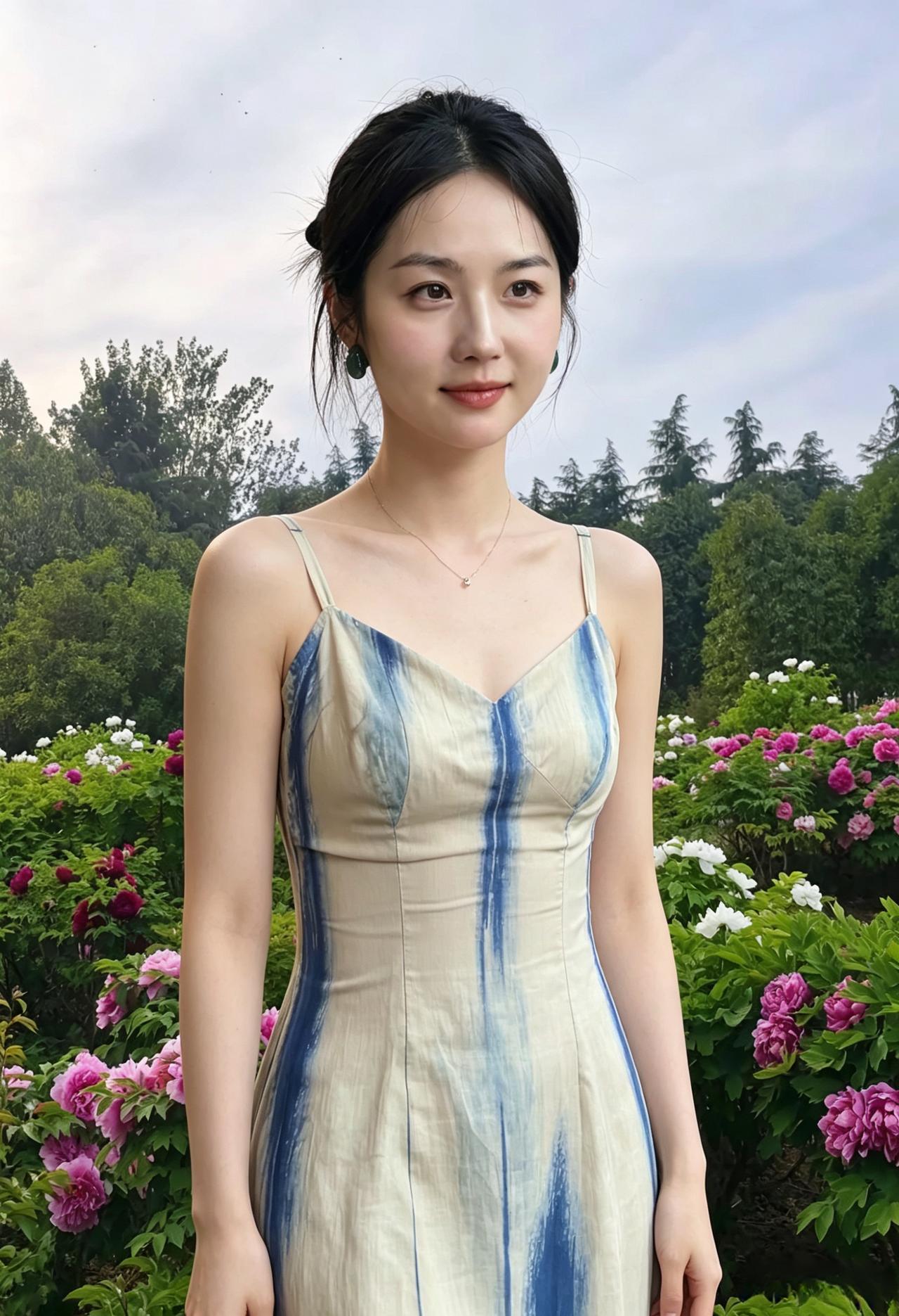 花簇芳丛映玉颜，
裙裾轻曳自嫣然。
明眸流转含清韵，
不负人间四月天。