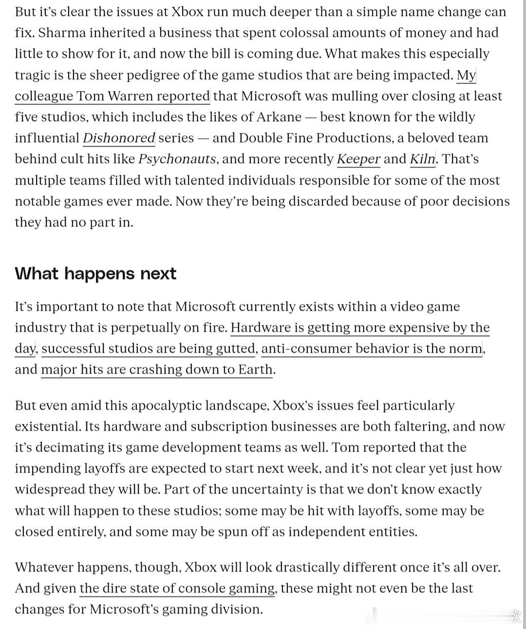 The Verge发表了一篇名为《Xbox是一场灾难》的付费专栏文章，主要谈论的
