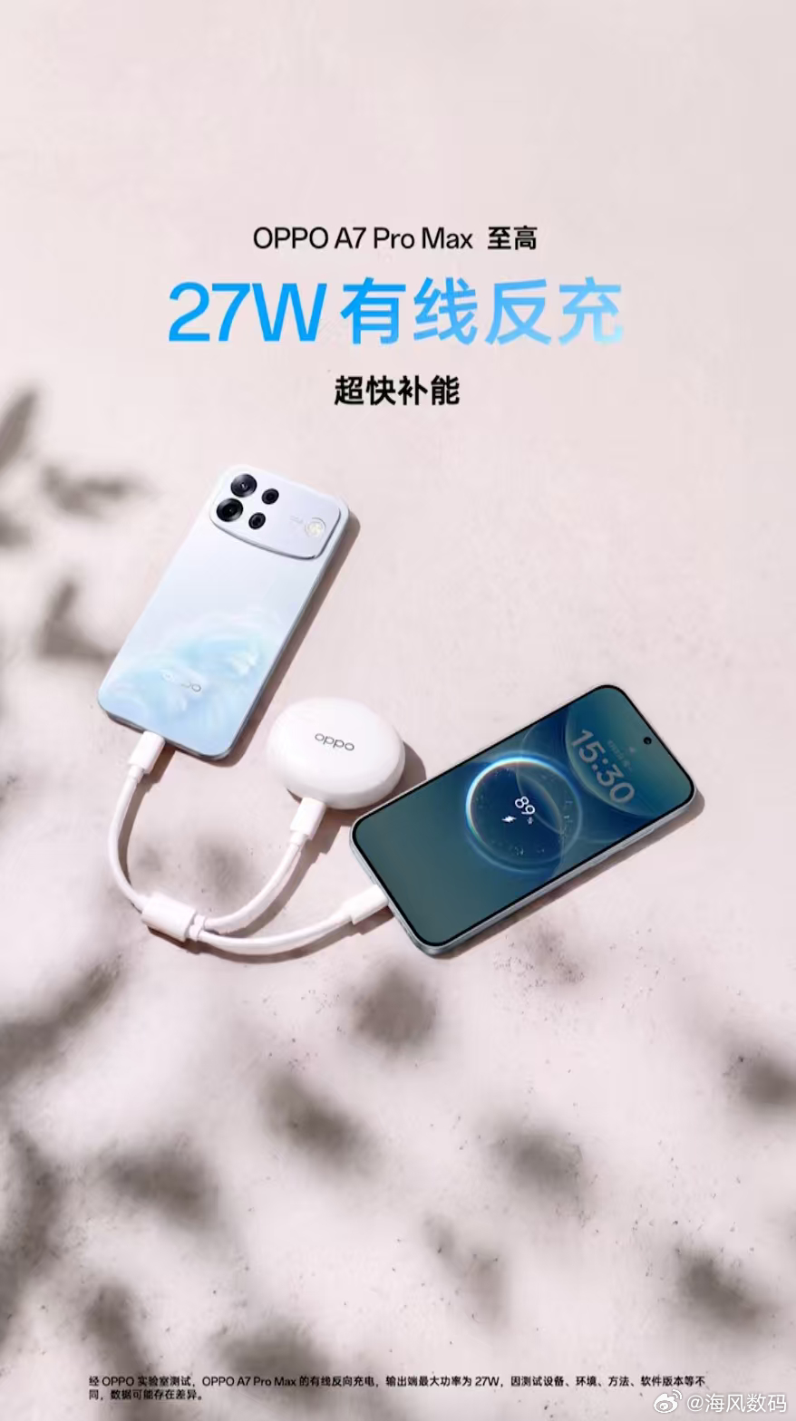 OPPO A7 Pro Max搭配一根充电线，就能直接变身充电宝，给各种设备反向