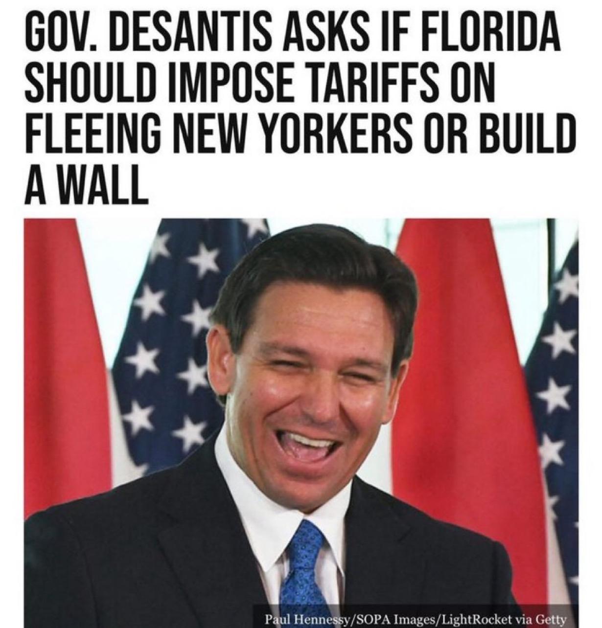 佛罗里达州州长罗恩·德桑蒂斯现在提出，如果纽约难民来到佛罗里达州，就要对他们征收