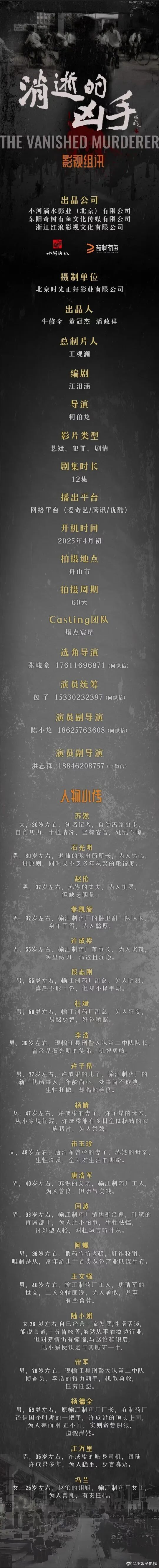 悬疑剧《消逝的凶手》2025年4月初开机并招募演员（详细组讯如图）出品公司：小河