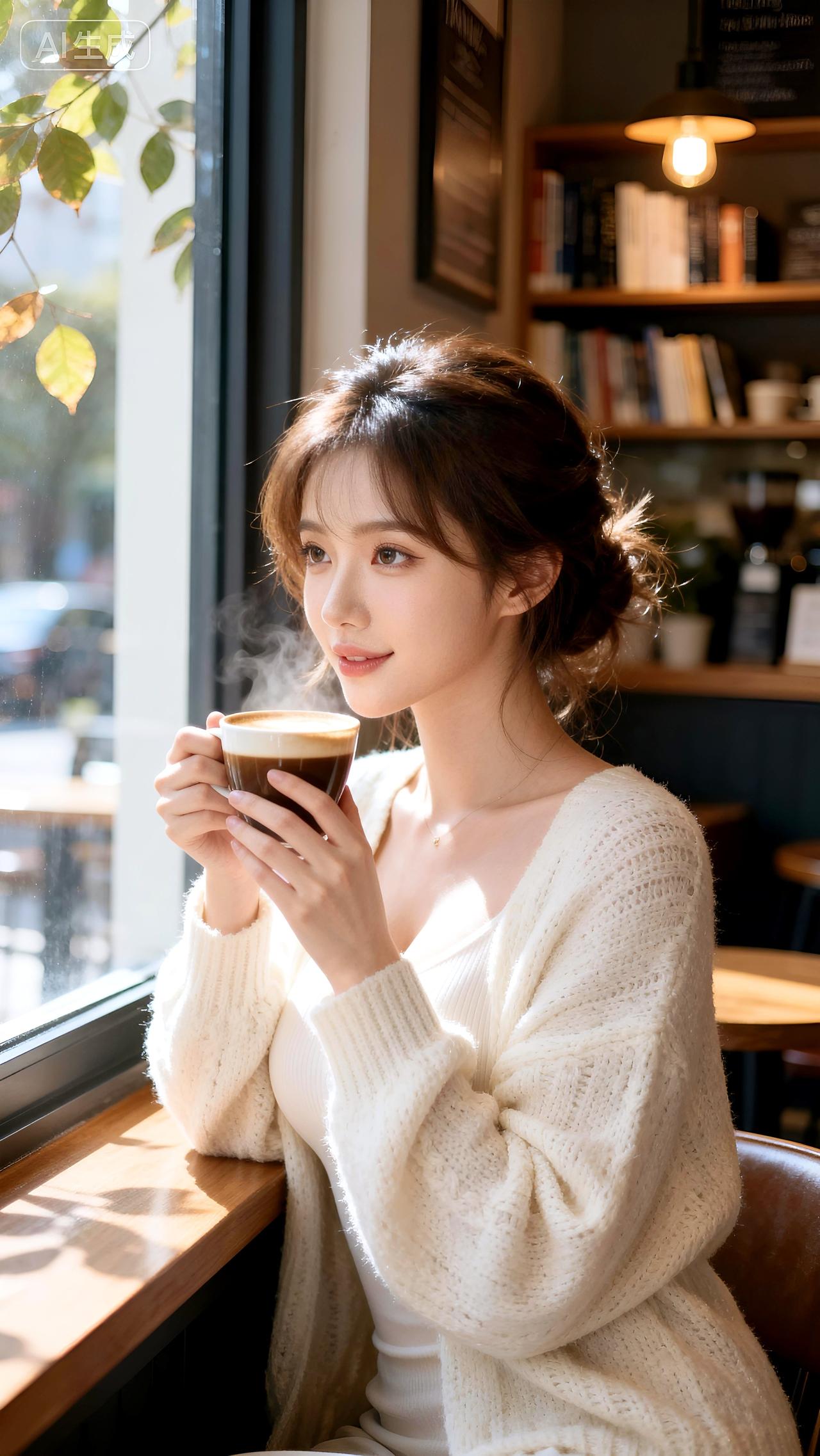 秋日斜阳漫过窗棂，她捧住一杯暖意。针织衫软软裹住心事，纯是眸中光，羞是唇角扬——