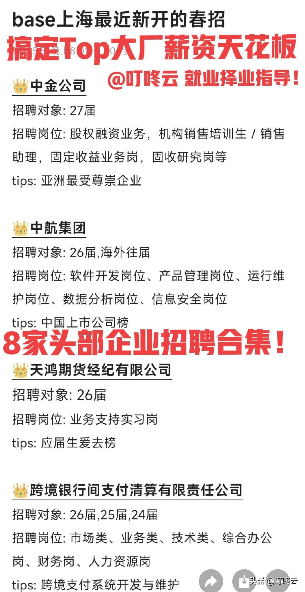 新开招聘汇总！推荐8家头部企业招聘岗位要求汇总合集！中金公司、中航集团、东风研发