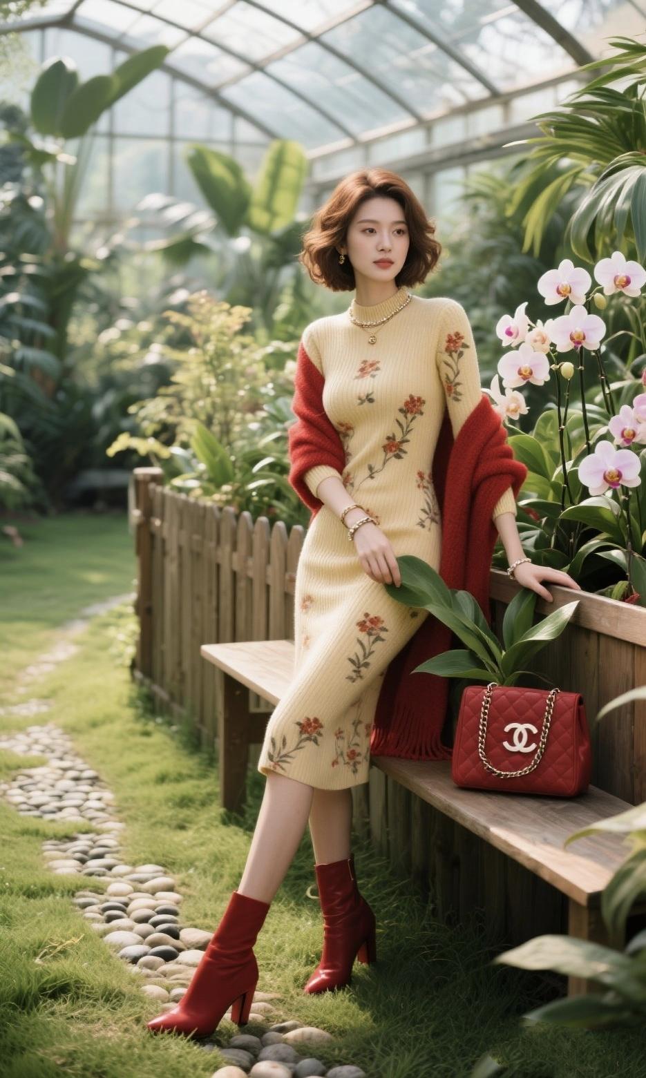 《花房私语》
 
暖黄针织裙裁了半盏春光
针脚里绣着不肯谢的海棠
 
红披肩斜搭