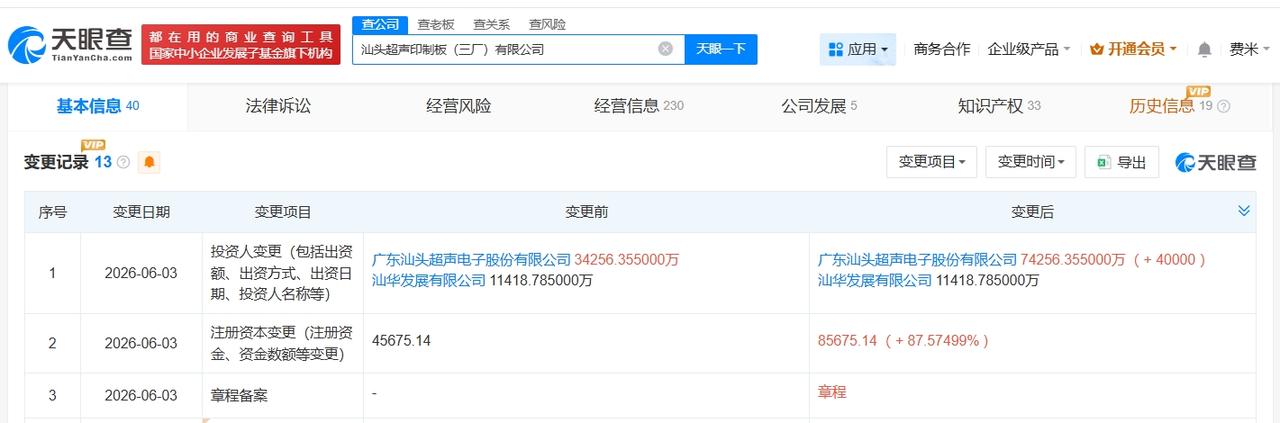 超声电子旗下汕头印制板公司增资至8.6亿 增幅约88%

天眼查App显示，近日