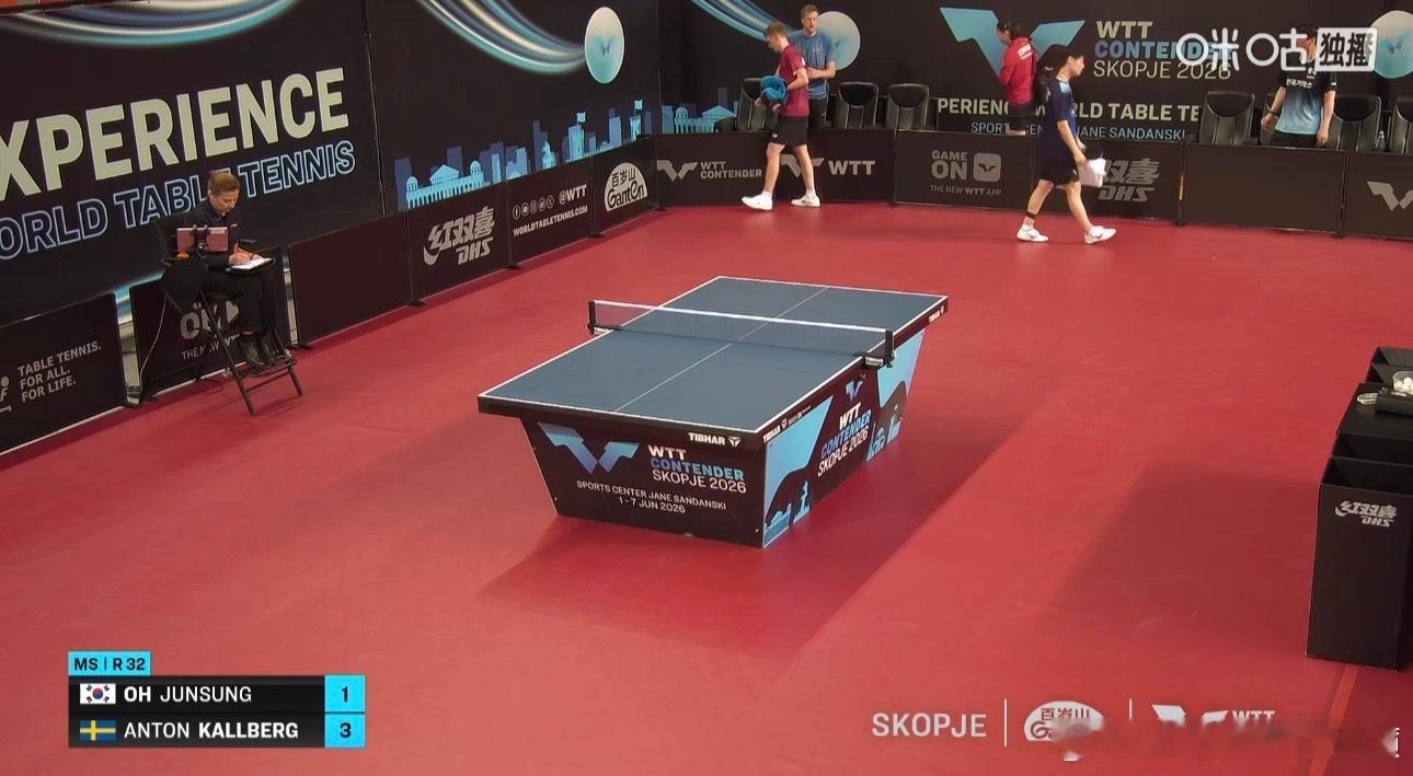 2026wtt斯科普里挑战赛男子单打32-16安东·卡尔伯格3-1吴晙诚（11-
