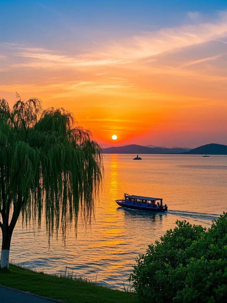夕阳洒太湖，湖光醉眼眸。云蒸霞蔚天边秀，柳舞舟行水上悠。胜景怡情韵长留。湖泊风景