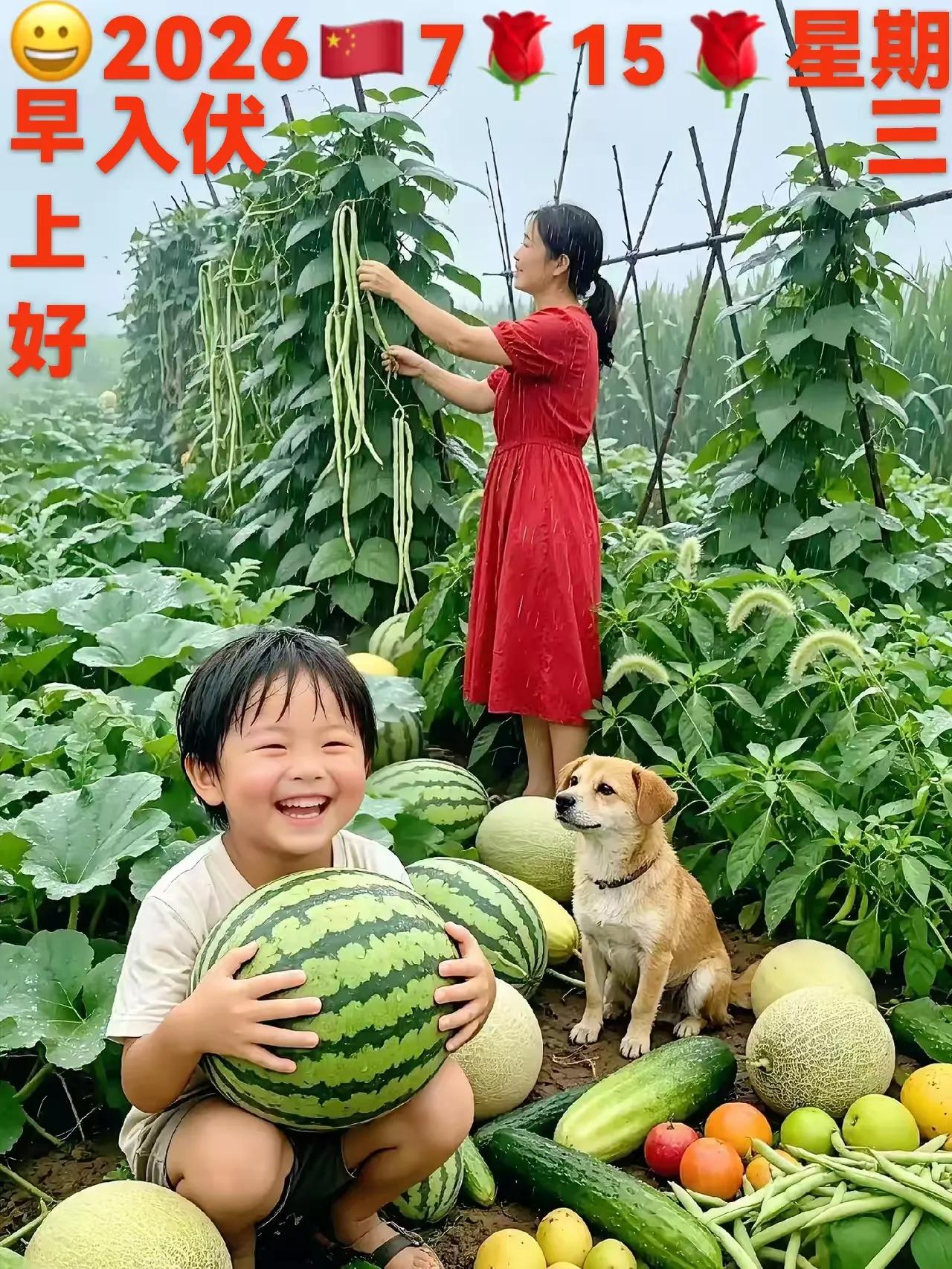 这才是农家菜园的真实场景。摘的各种蔬菜先放地上，走时才往蓝里装。小女儿坐在地上抱