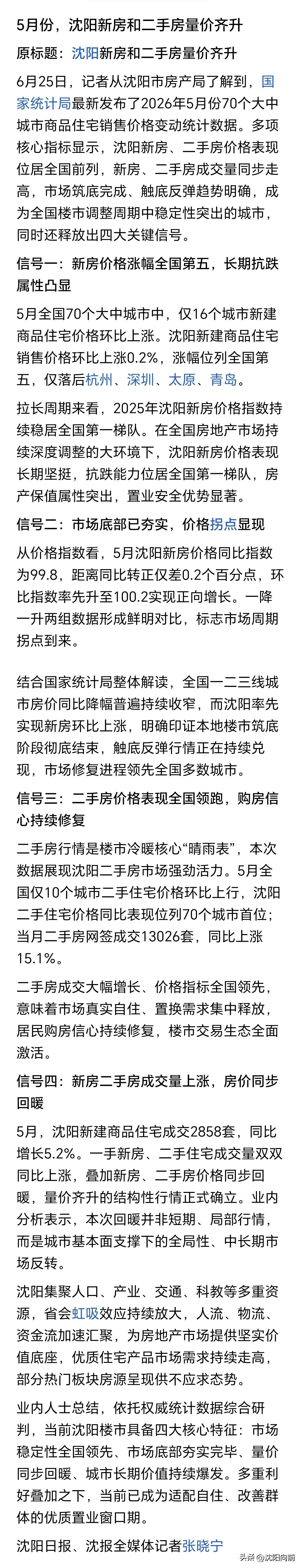 沈阳房地产最新数据来了！
根据2026年5月统计数据，沈阳房产量价齐升，官媒看好