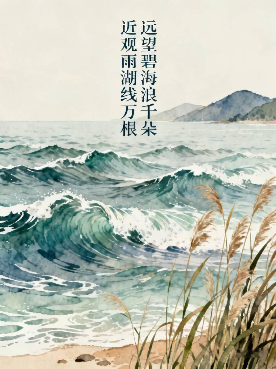 此联对仗工整，意境相融。“远望”对“近观”，视角转换自然；“碧海浪千朵”与“雨湖