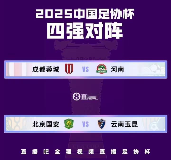 足协杯半决赛对阵出炉：
北京国安vs云南玉昆，
成都蓉城vs河南。