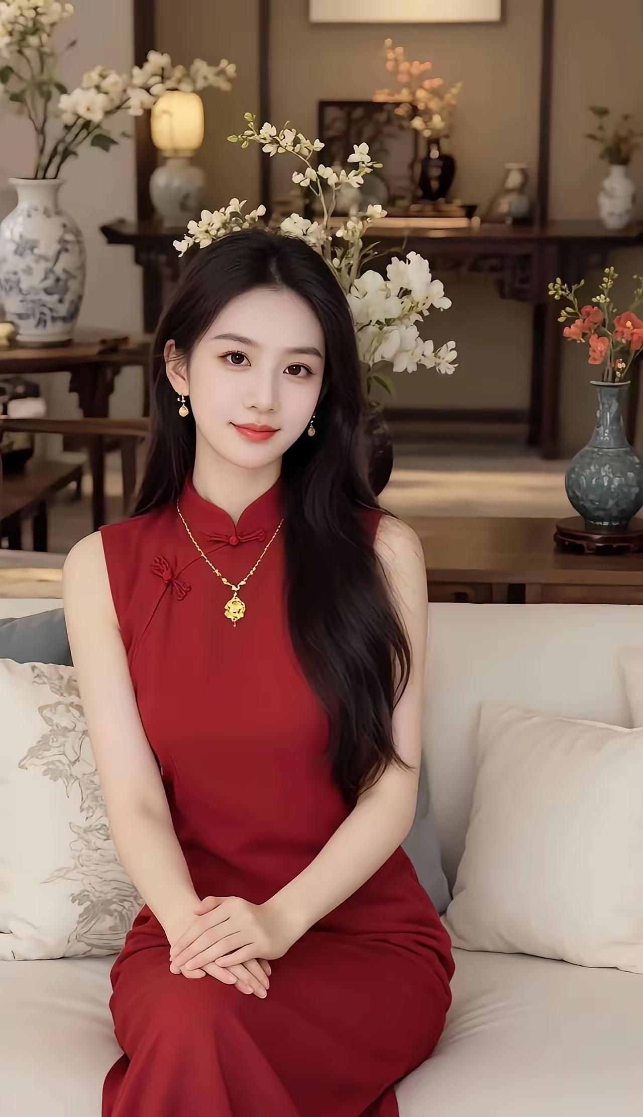 优雅红裙，古典韵味，静坐花间，美不胜收。