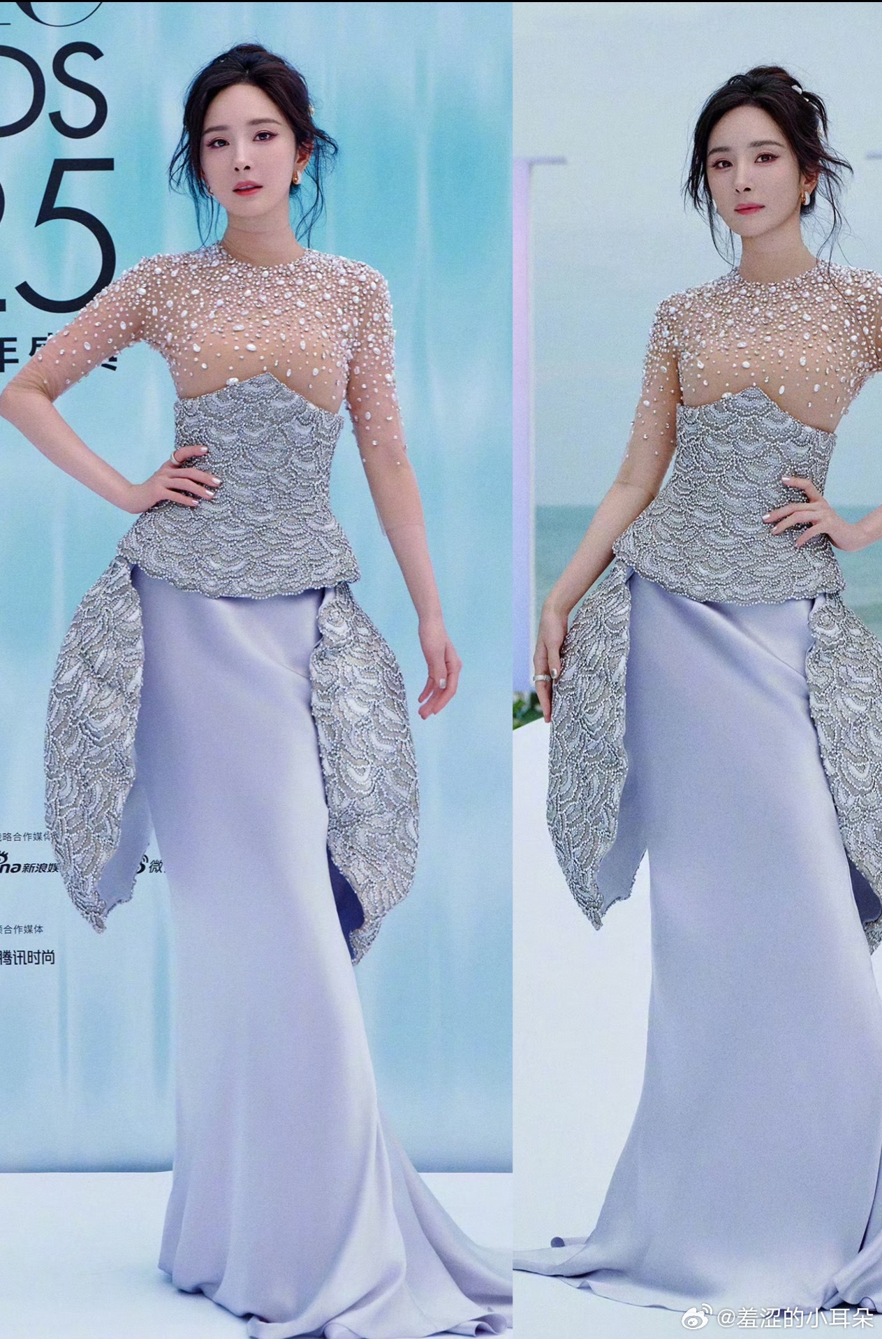 杨幂今天的裙子和上次海边那条，有异曲同工之妙。设计师是不是都喜欢在腰胯那里画蛇添