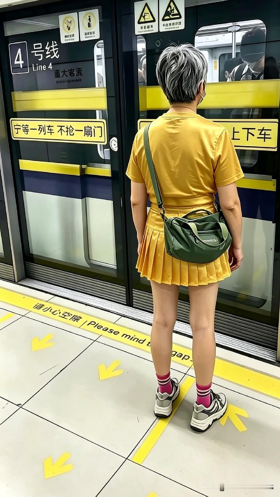 地铁偶遇这身金黄穿搭，看完大家吵翻了！
年纪大就不能穿得亮眼吗？一身金黄衣裙格外