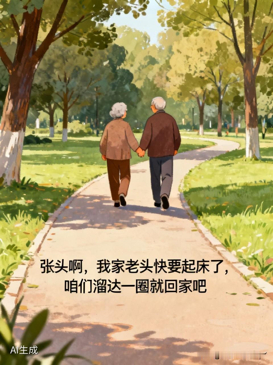 今早起床后，我去公园闲逛，瞧见前方有一对老夫妻手牵着手，彼此搀扶着，那画面温馨极