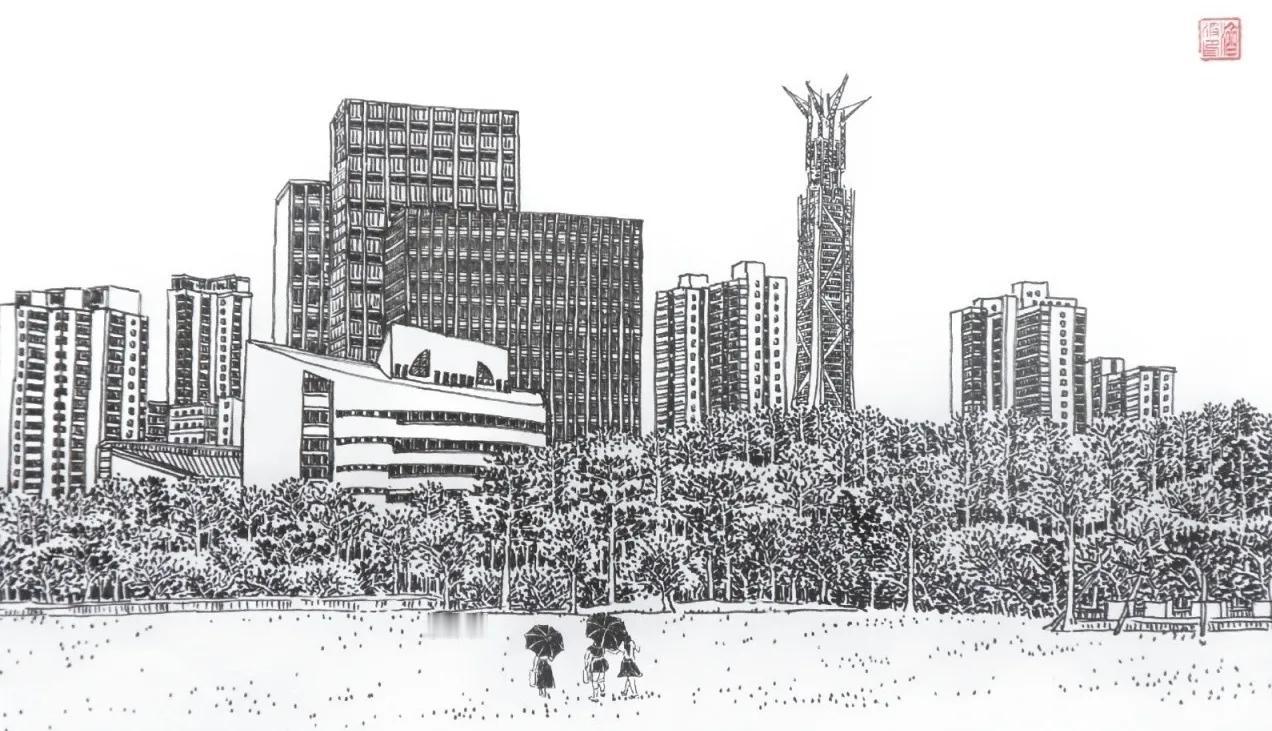 途虫原创画作，马克笔速写，十年前的深圳。第一幅图是正在修建的平安国际金融中心。第