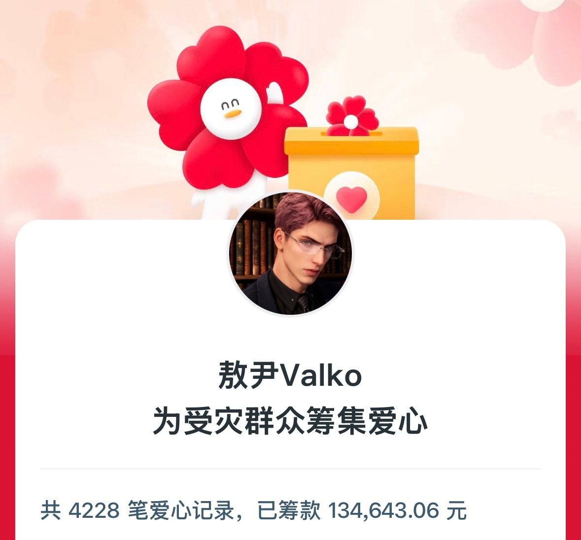 4228人次的玩家们以敖尹的名义在腾讯公益小程序上捐款了13w+给重庆蓝天救援队