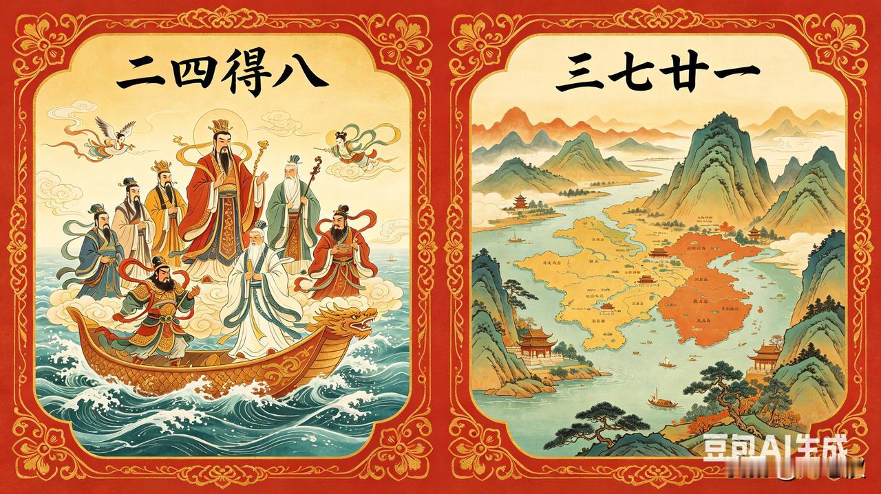 上联：二四得八 八仙过海
下联：三七廿一 一统江山