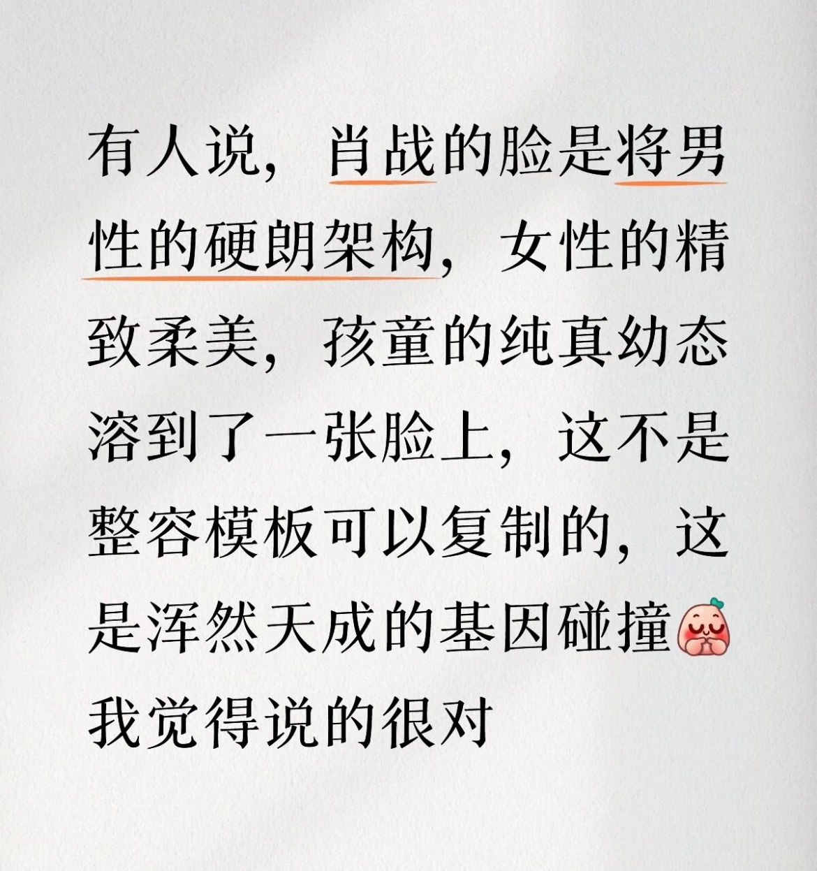 说的太对了，肖战的脸是将男性的硬朗架构、女性的精致柔美、孩童的纯真幼态融合到一张