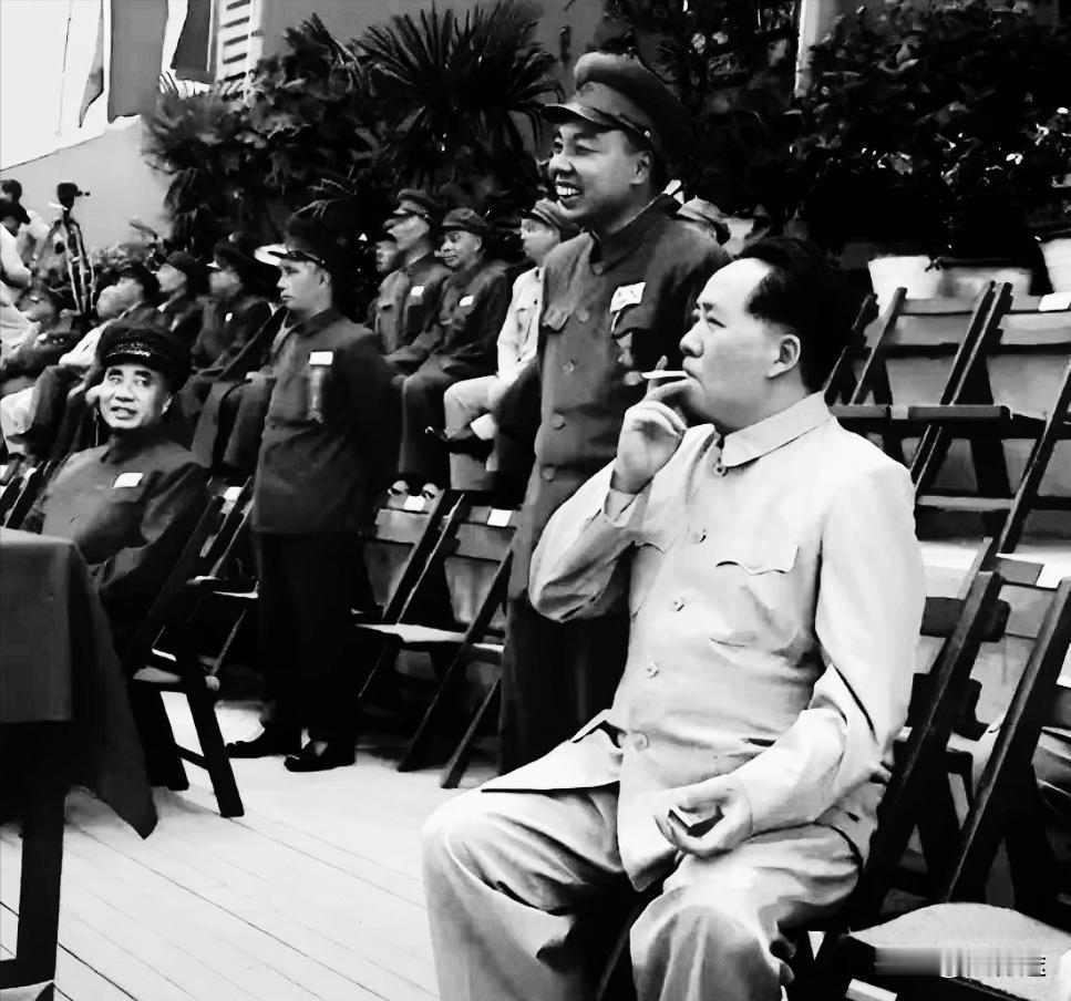 大家只注意到观看演习的毛主席，却没有注意到紧张的粟裕。
毛主席坐在椅子上观看演习