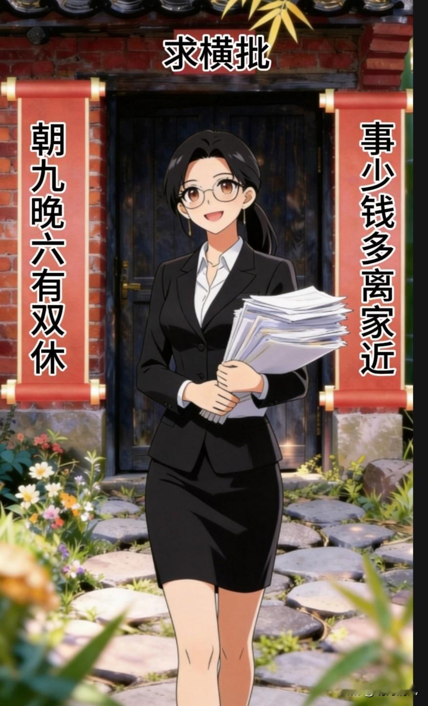 缺一个惊艳横批，高手请
上联:事少钱多离家近
下联:朝九晚六有双休
横批:——？