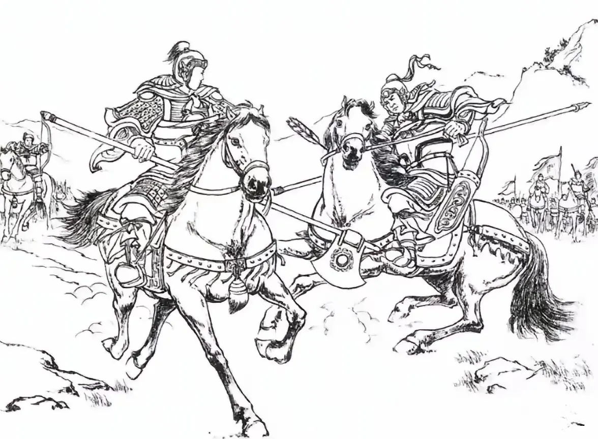 偷放暗箭。这幅图中有三个主要人物，其中两人正在单挑，经过一番激烈交锋...