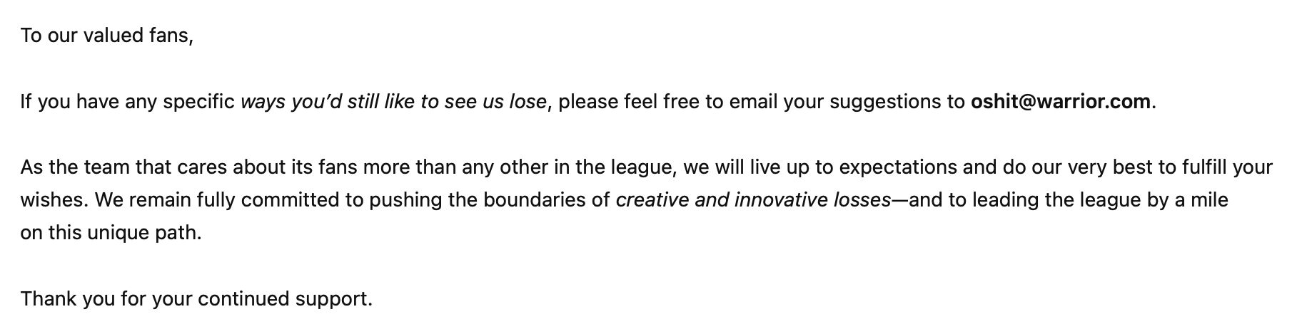 勇士官方征集球迷意见：大家还想看到什么样的输球方式，请大家email到oshit