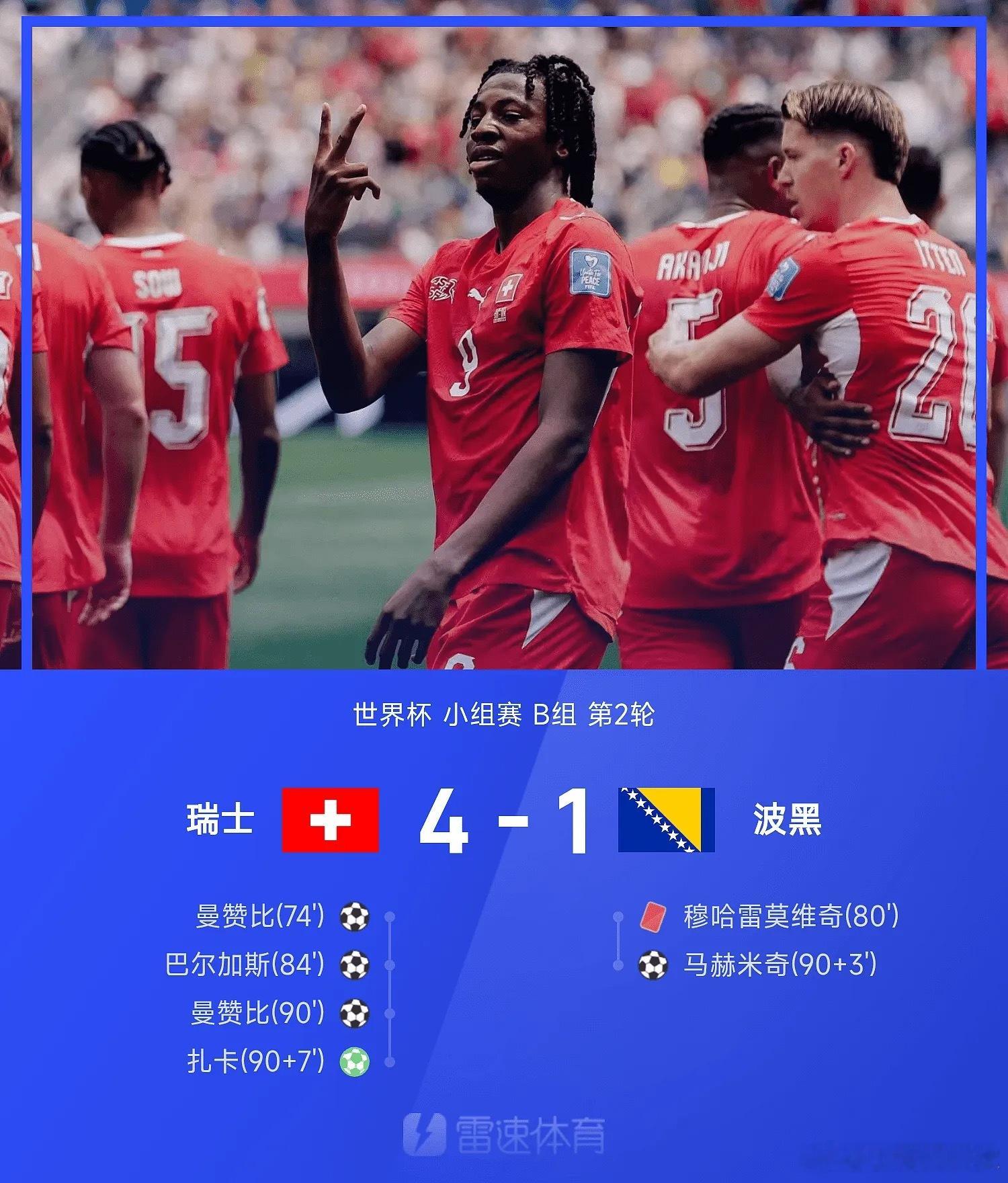 世界杯最疯狂20分钟 26赛季世界杯小组赛B组第2轮，瑞士4-1战胜波黑。全场比