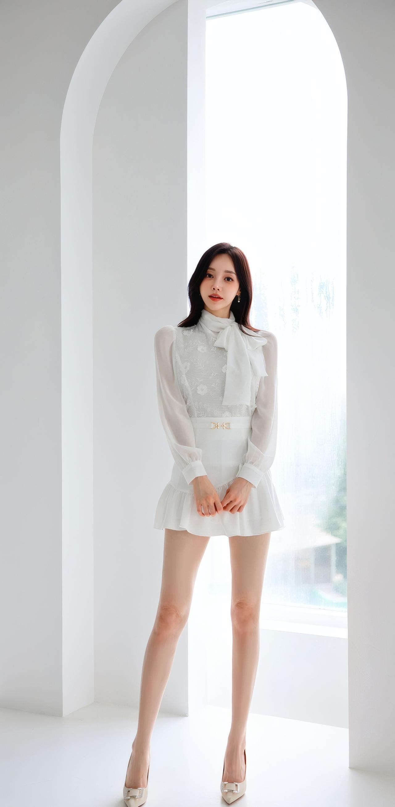 优雅白裙少女，静立窗前，气质如兰。