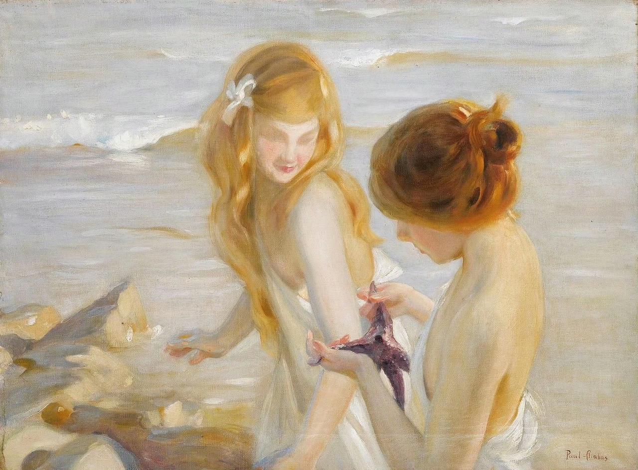 女孩儿和海星，法国画家Paul Shabrier 作品赏