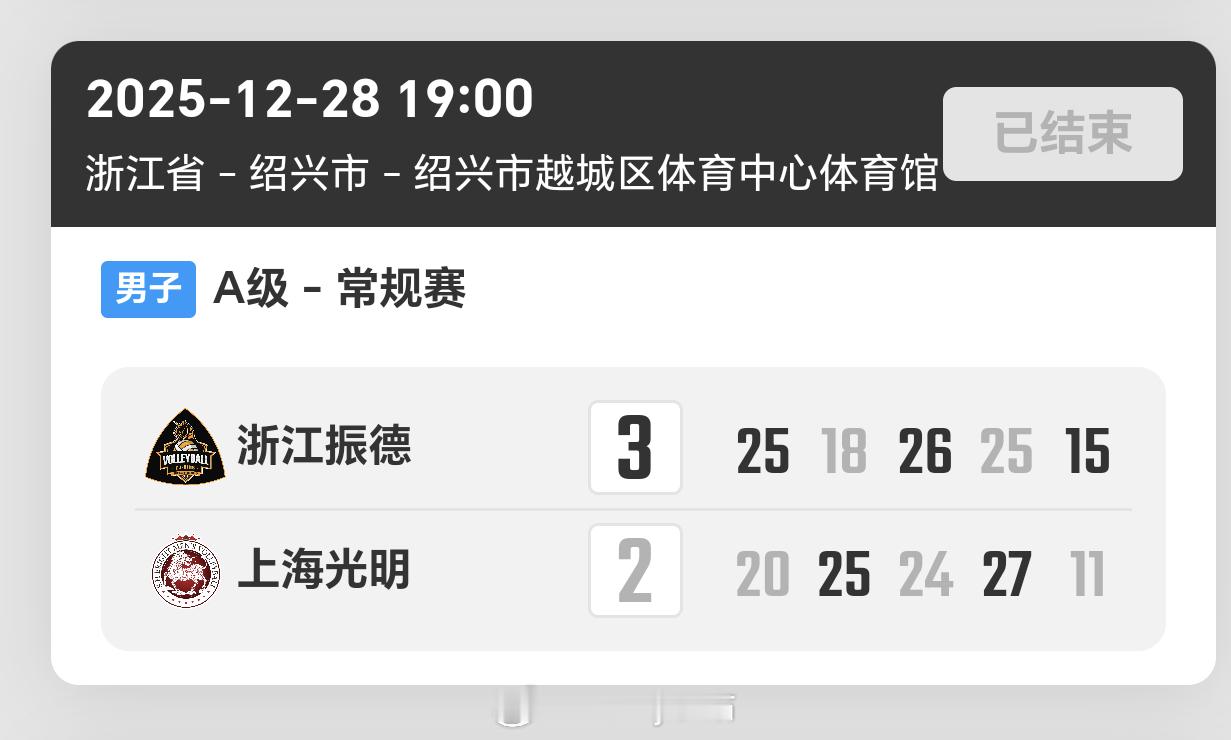 2025-2026赛季中国男子排球超级联赛第5轮，浙江男排3比2上海男排（25-